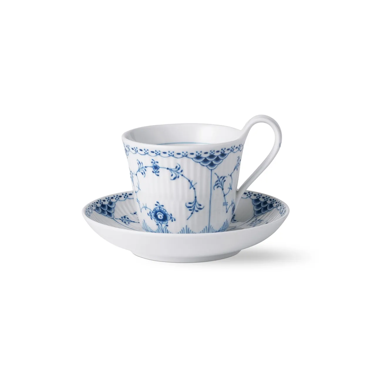 Blue Fluted Half Lace High Handle Cup and Saucer, 24 cl