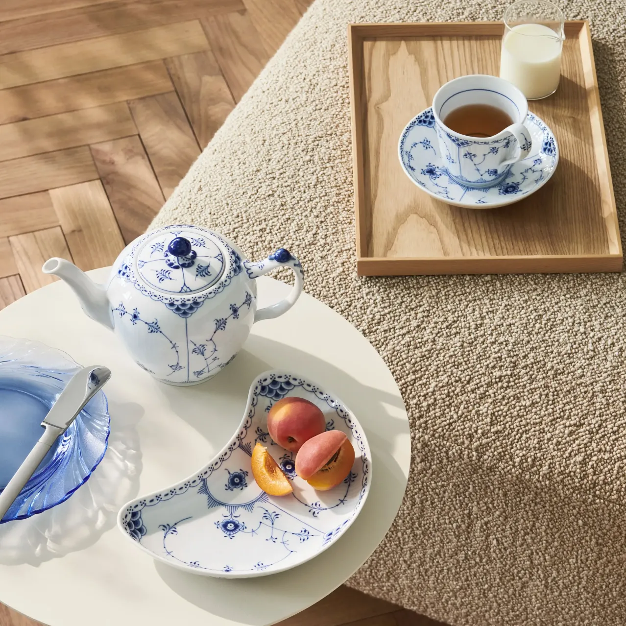 Blue Fluted Half Lace Half Moon Dish, 22 cm